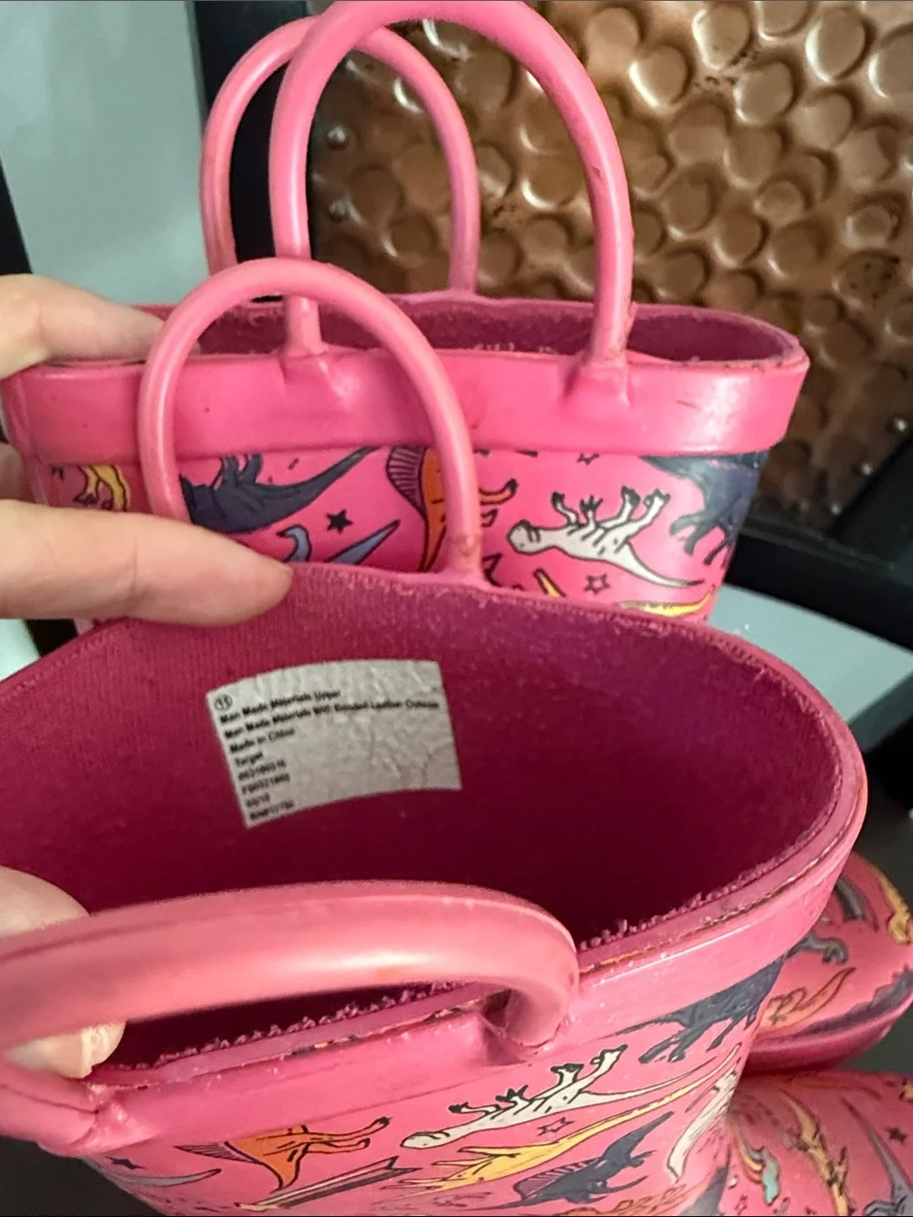 Kids Pink Dinosaur & Rainbow Rain Boots